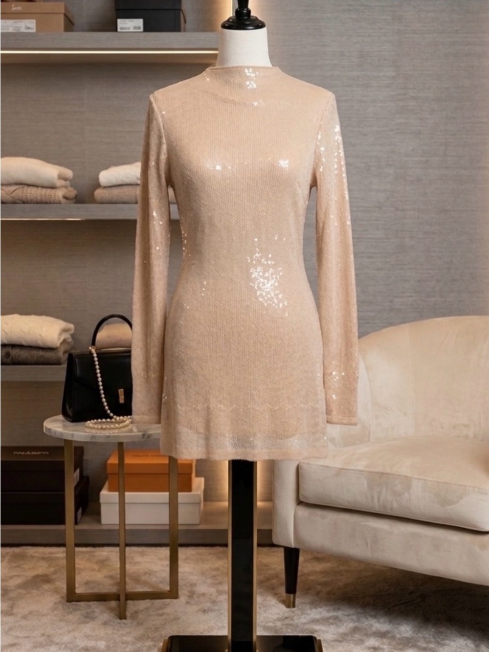 Lulu's Nude Sequin Long-Sleeve Mini Dress - Picture 2 of 4